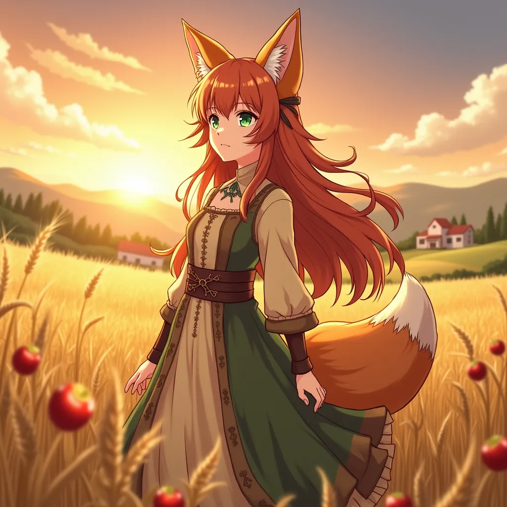 Holo Spice and Wolf Kemonomimi Foxgirl Arte IA, de perfil en el trigal