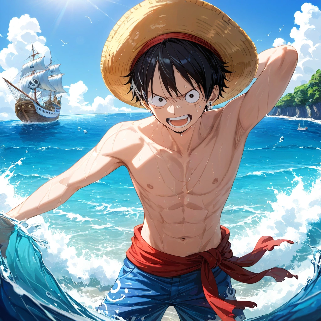 Luffy en paisaje marino generado por IA