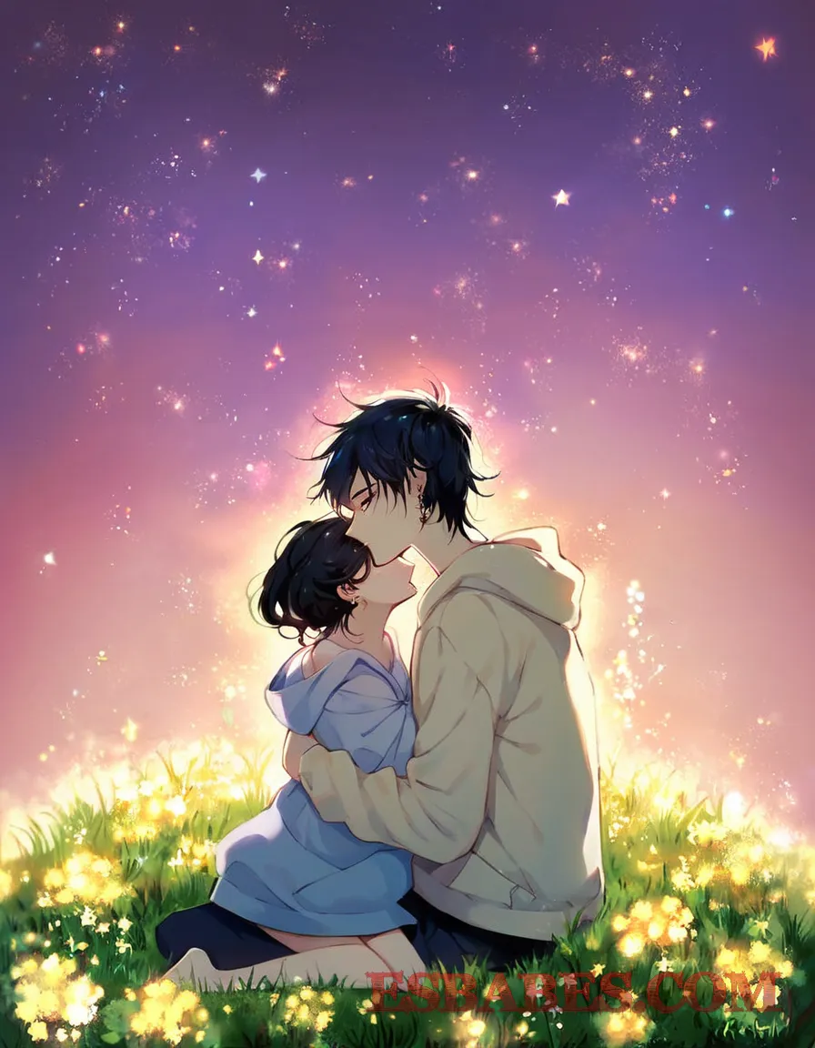 Pareja de anime abrazándose bajo las estrellas