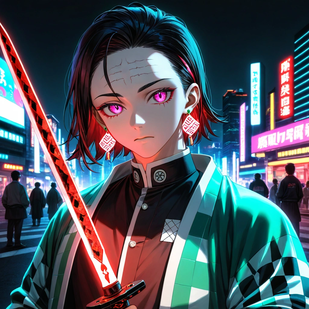 Tanjiro Kamado en estilo cyberpunk generado por IA Demon Slayer