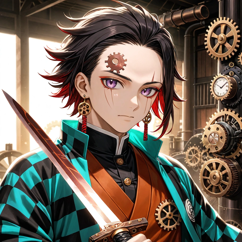 Tanjiro Kamado en estilo steampunk generado por IA