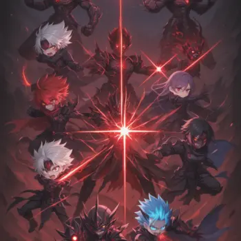 Ilustracion anime genegada por IA de A group of teenage exorcists fight dark curses in a supernatural Tokyo, with glowing energy and deformed monsters surrounding them