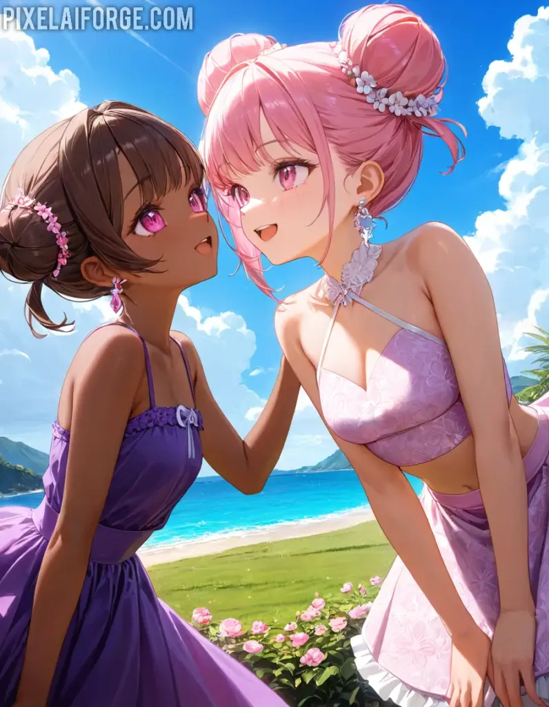 Amistad anime en la playa belleza, sol y diversión bajo el cielo azul