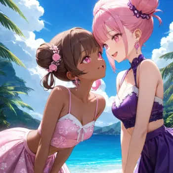 Amistad anime en la playa belleza, sol y diversión bajo el cielo azul Amistad anime en la playa belleza, sol y diversión bajo el cielo azul