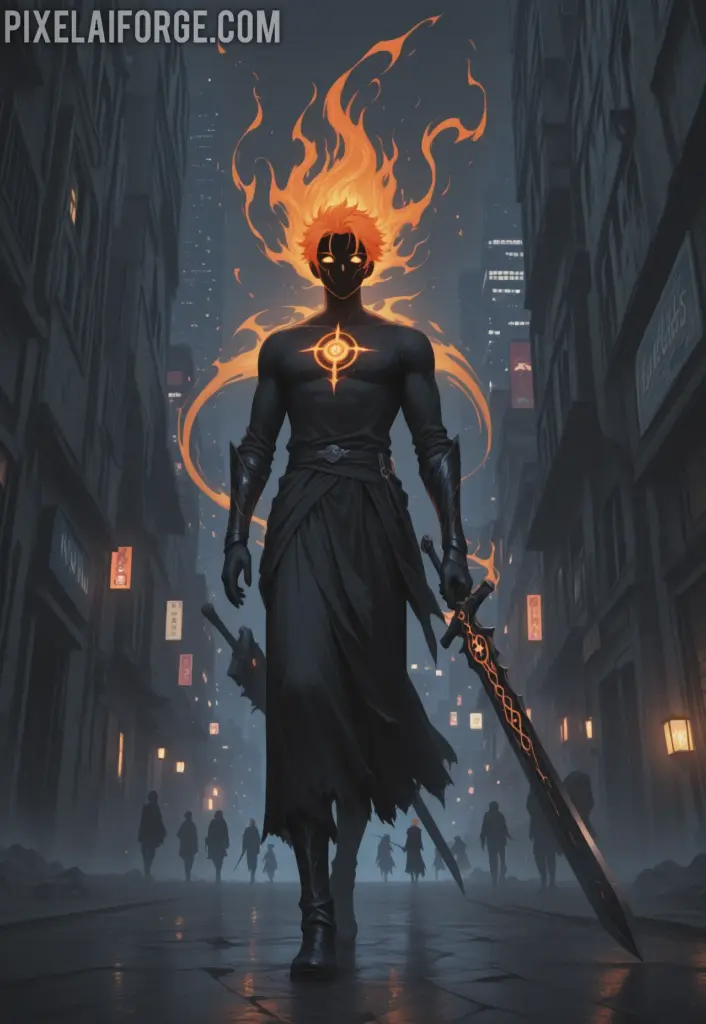 An orange-haired young man with a large black sword, facing dark spirits (hollows) in a deserted modern city, with spirit gates glowing behind
