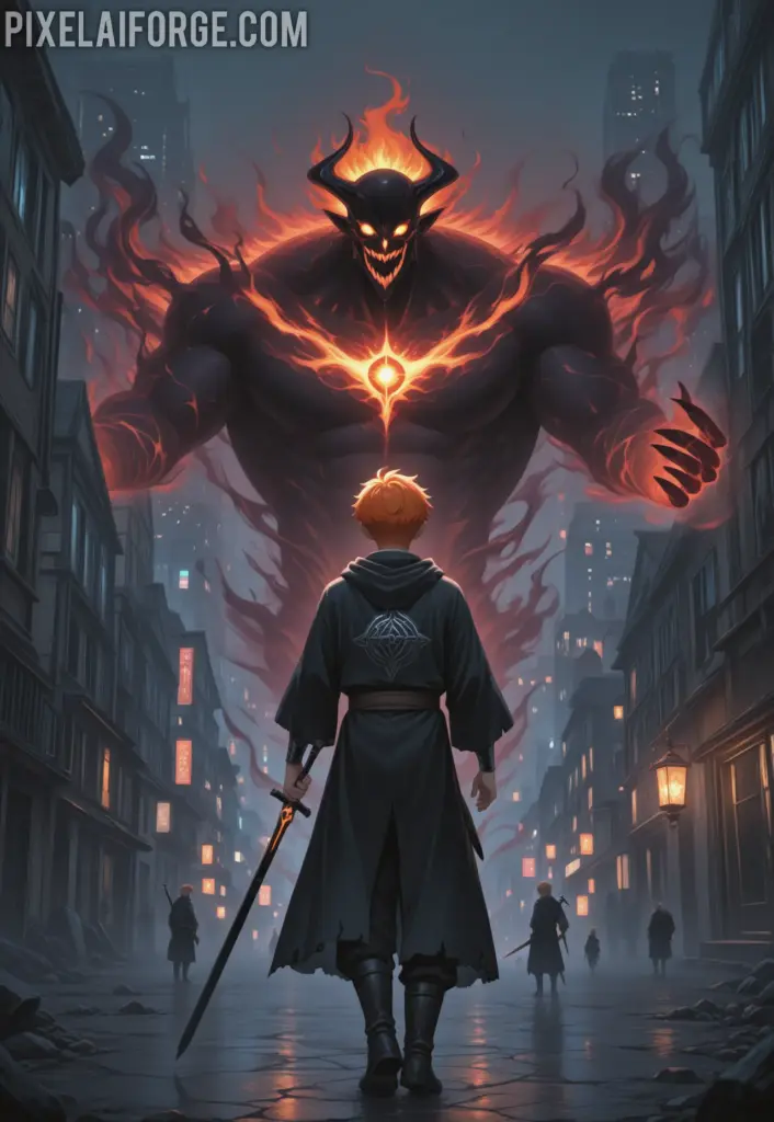 An orange-haired young man with a large black sword, facing dark spirits (hollows) in a deserted modern city, with spirit gates glowing behind