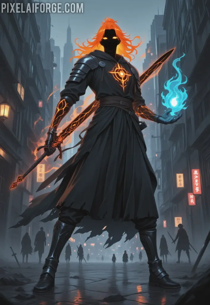 An orange-haired young man with a large black sword, facing dark spirits (hollows) in a deserted modern city, with spirit gates glowing behind