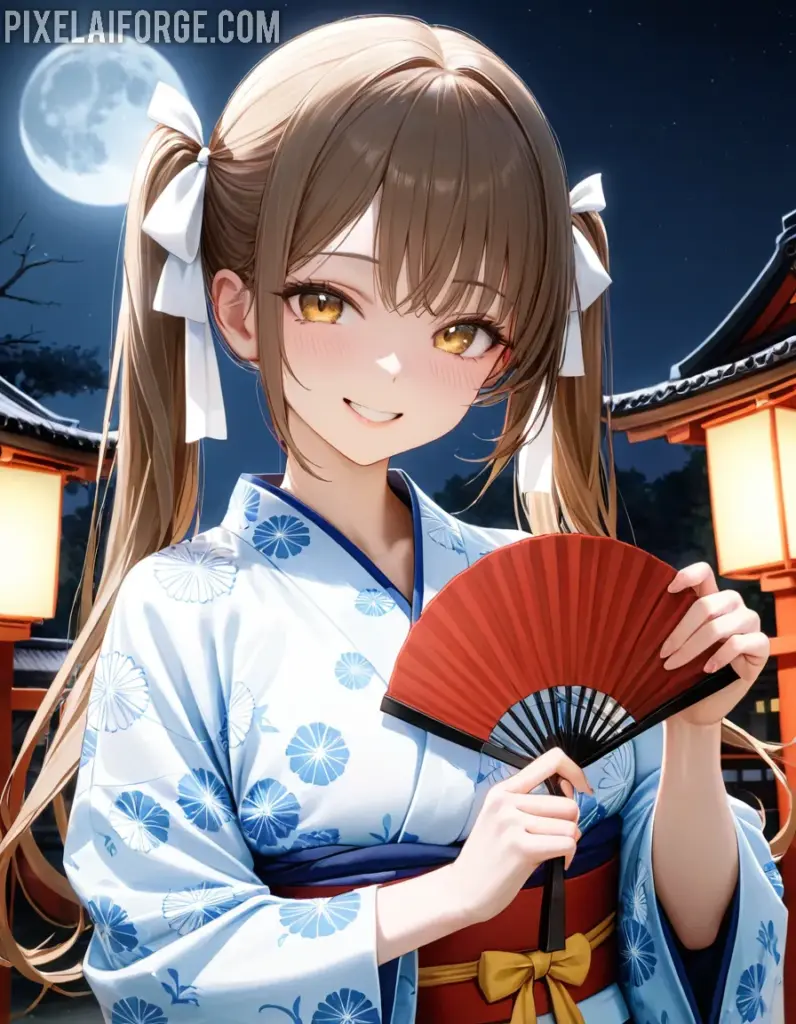 Anime Girl in Kimono Under the Moonlight