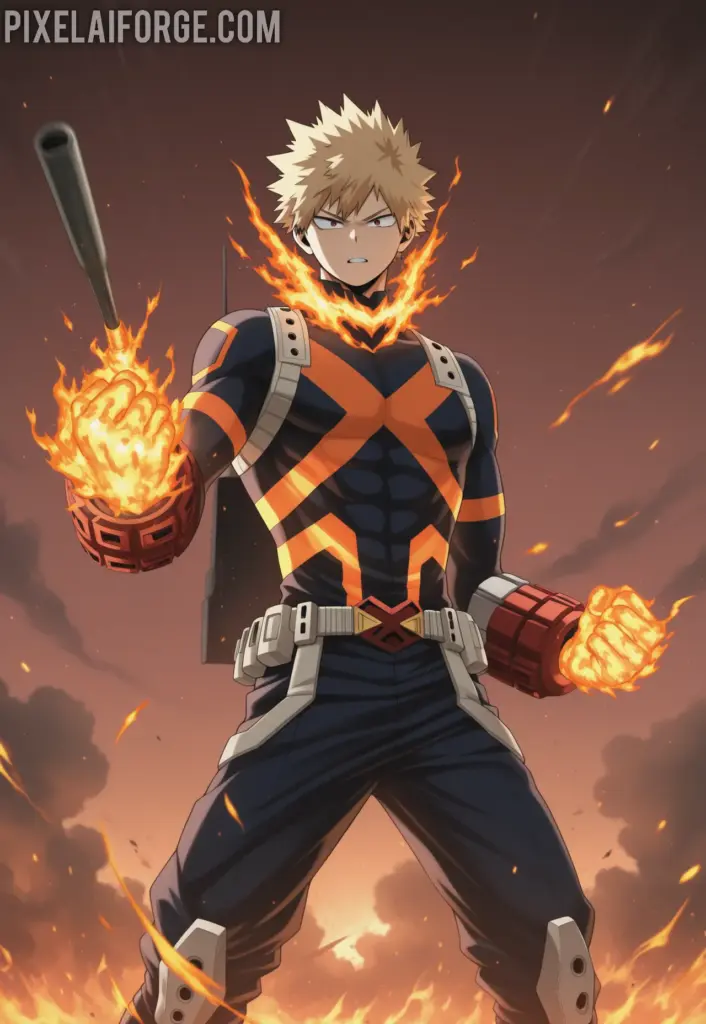 Imagen anime generada por IA de Bakugo en Combate Explosiones y Determinación en UA
