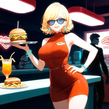 Camarera de Anime en Diner Retro con Robot - Arte Digital