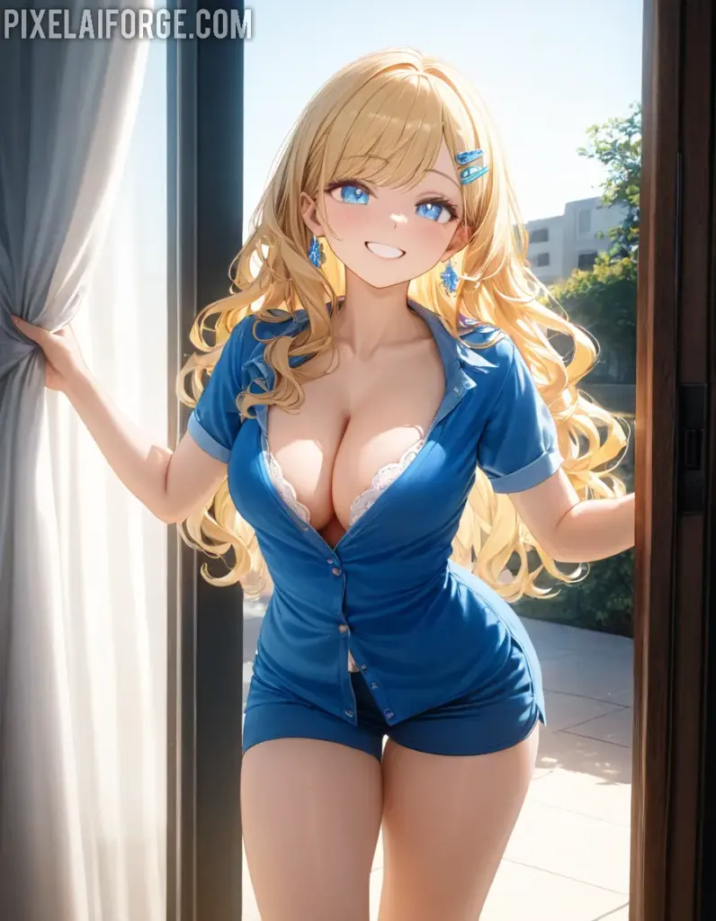 Chica Anime Rubia con Traje Azul Belleza y Estilo Luminoso