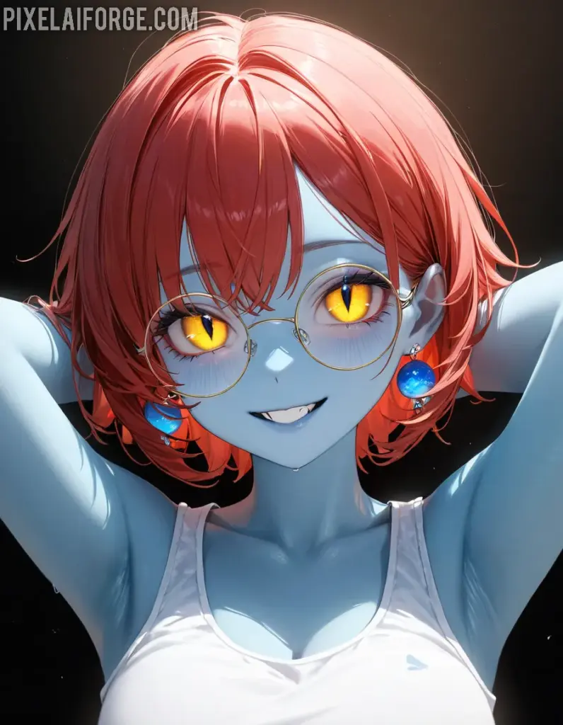 Chica anime de piel azul con ojos dorados belleza alienígena y estilo moderno