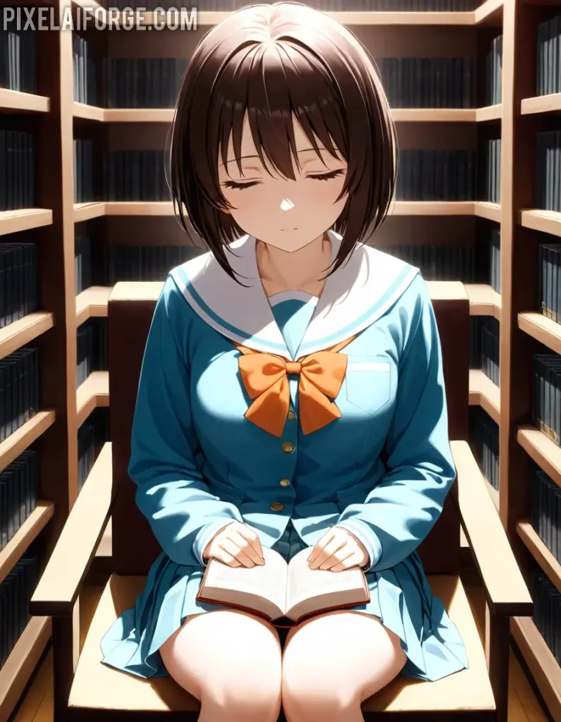Chica de Anime Leyendo en Biblioteca: Arte Digital Sereno