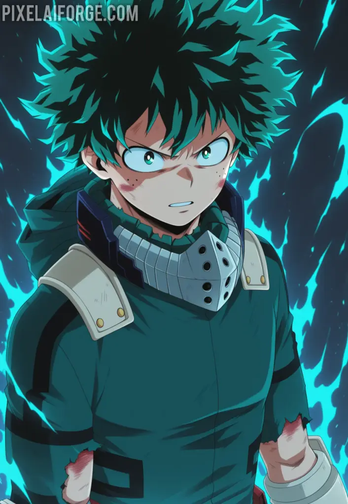 Imagen anime generada por IA de Deku en Modo Cowling El Poder de One For All en Acción