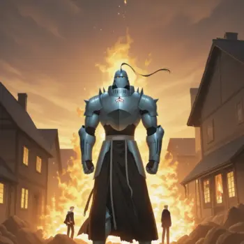Edward and Alphonse Elric standing in front of a burning house during the Promised Day, golden light from alchemy effects, dramatic atmosphere, anime art style from Fullmetal Alchemist Brotherhood