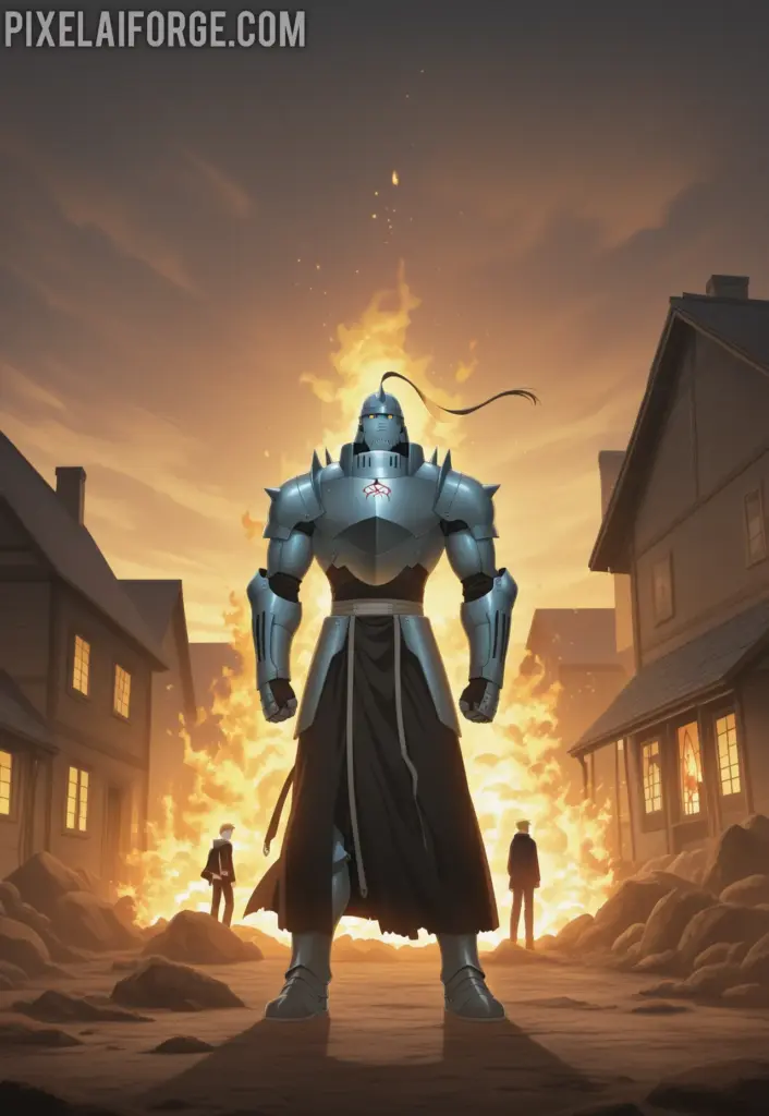 Edward and Alphonse Elric standing in front of a burning house during the Promised Day, golden light from alchemy effects, dramatic atmosphere, anime art style from Fullmetal Alchemist Brotherhood