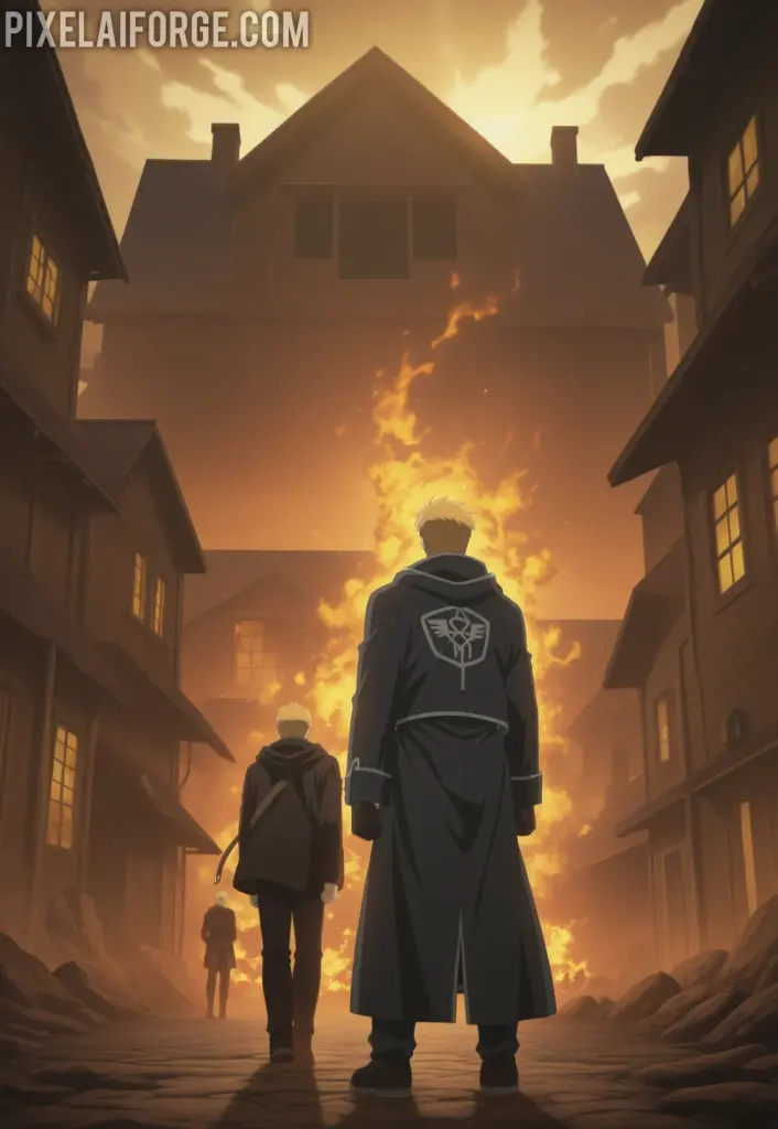 Edward and Alphonse Elric standing in front of a burning house during the Promised Day, golden light from alchemy effects, dramatic atmosphere, anime art style from Fullmetal Alchemist Brotherhood