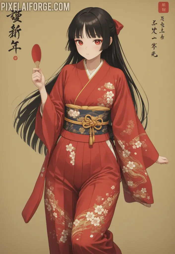 El encanto de una guapa chica anime en kimono tradicional japonés