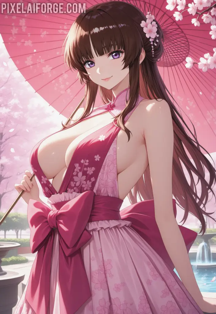 Guapa chica anime en jardín de flores de cerezo: la escena perfecta de belleza y calma