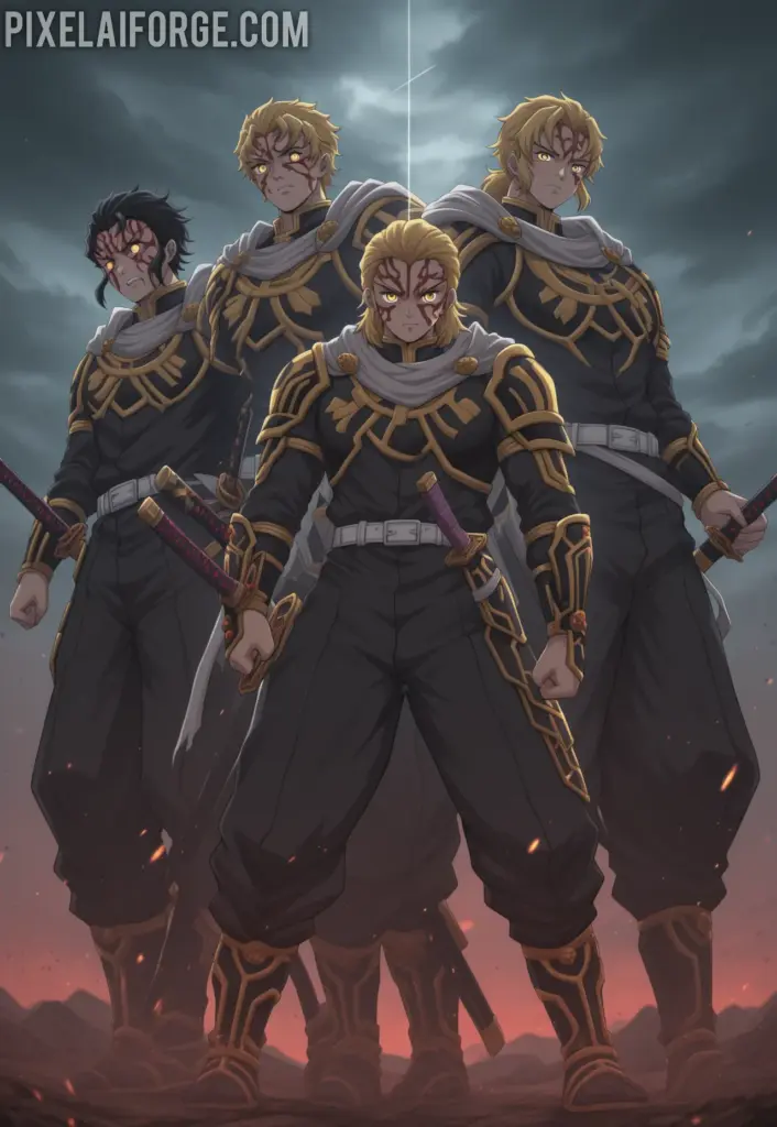 Hashira warriors standing together before the final battle against Muzan, swords drawn, determined expressions, stormy sky background, epic anime scene from Demon Slayer