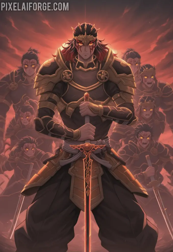 Hashira warriors standing together before the final battle against Muzan, swords drawn, determined expressions, stormy sky background, epic anime scene from Demon Slayer