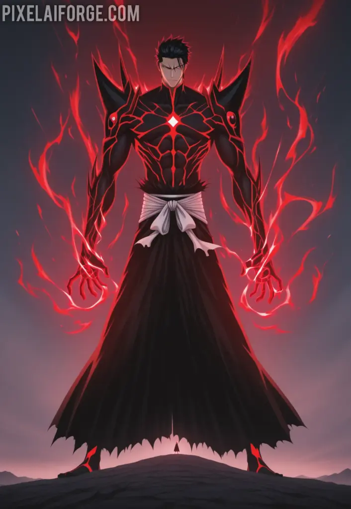 Ichigo Kurosaki in his final Getsuga Tensho form, glowing black and red spiritual energy, Zangetsu in hand, standing against Aizen Sousuke in the sky, dramatic lighting, epic anime scene from Bleach 