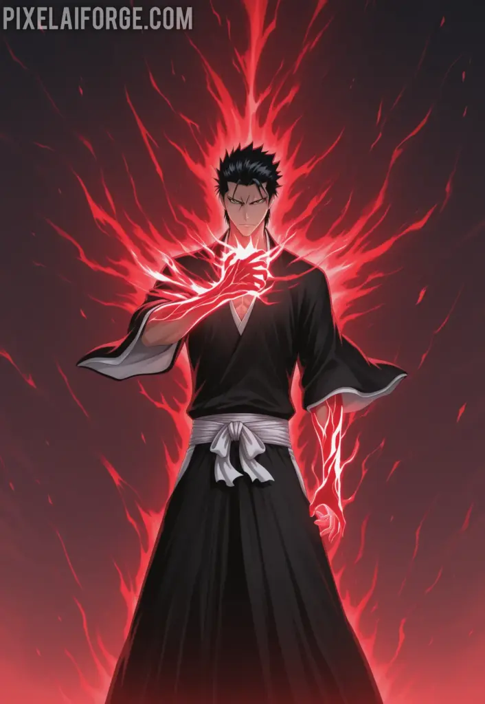 Ichigo Kurosaki in his final Getsuga Tensho form, glowing black and red spiritual energy, Zangetsu in hand, standing against Aizen Sousuke in the sky, dramatic lighting, epic anime scene from Bleach 
