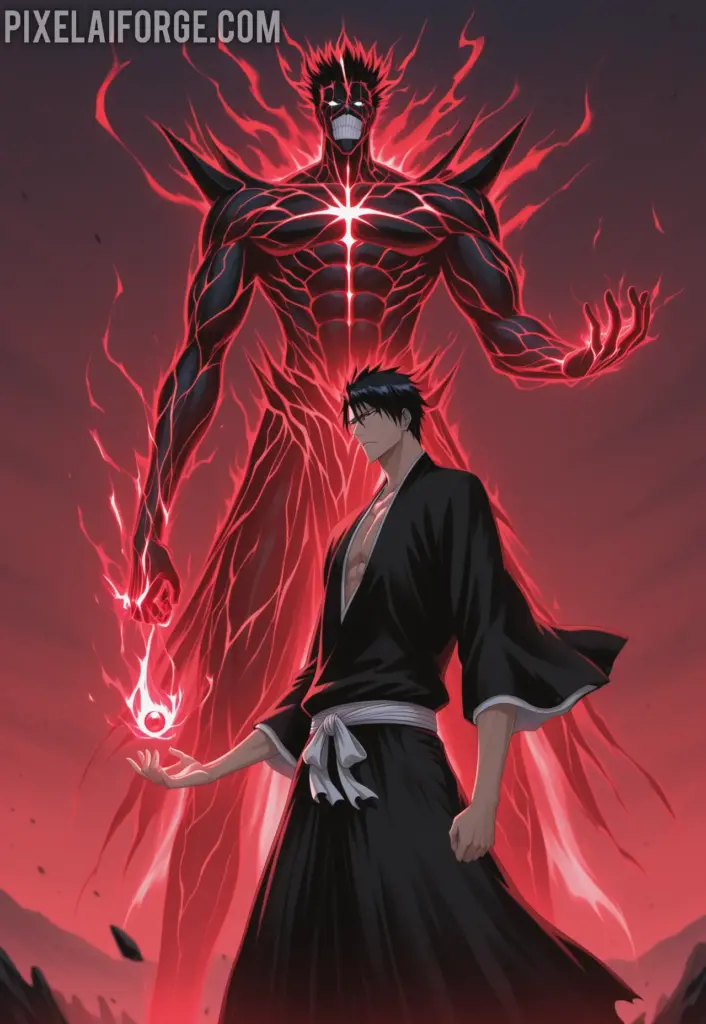Ichigo Kurosaki in his final Getsuga Tensho form, glowing black and red spiritual energy, Zangetsu in hand, standing against Aizen Sousuke in the sky, dramatic lighting, epic anime scene from Bleach 