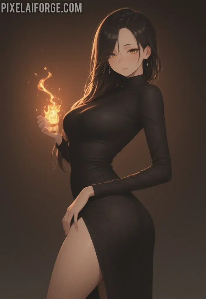 La belleza de una guapa chica anime morena en vestido negro