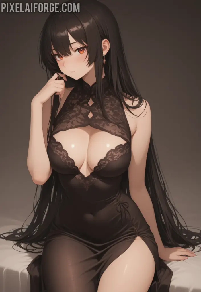 La belleza de una guapa chica anime morena en vestido negro