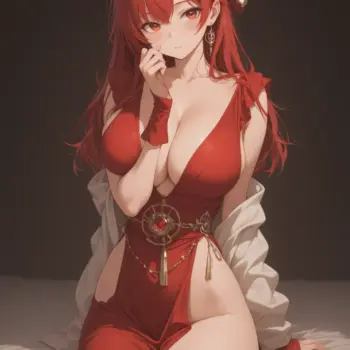 La magia de una guapa chica anime pelirroja en vestido rojo