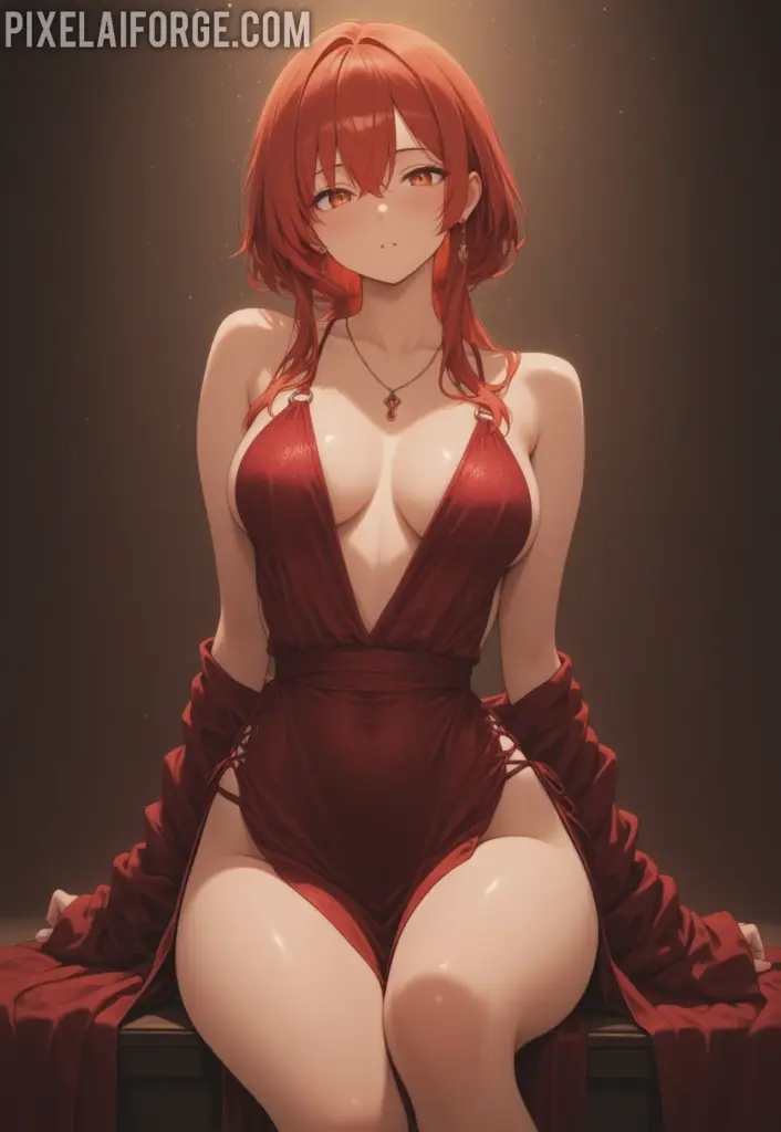 La magia de una guapa chica anime pelirroja en vestido rojo