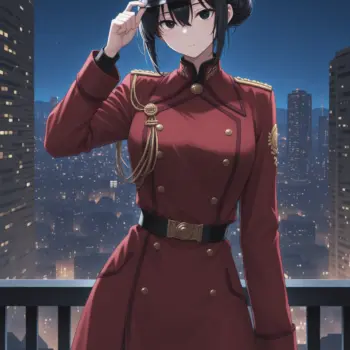 Misato Katsuragi con uniforme militar rojo ilustración anime