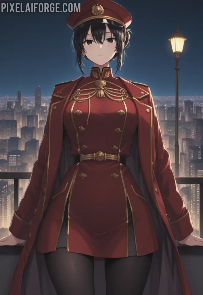 Misato Katsuragi con uniforme militar rojo ilustración anime