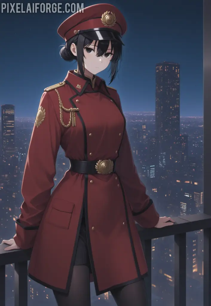 Misato Katsuragi con uniforme militar rojo ilustración anime