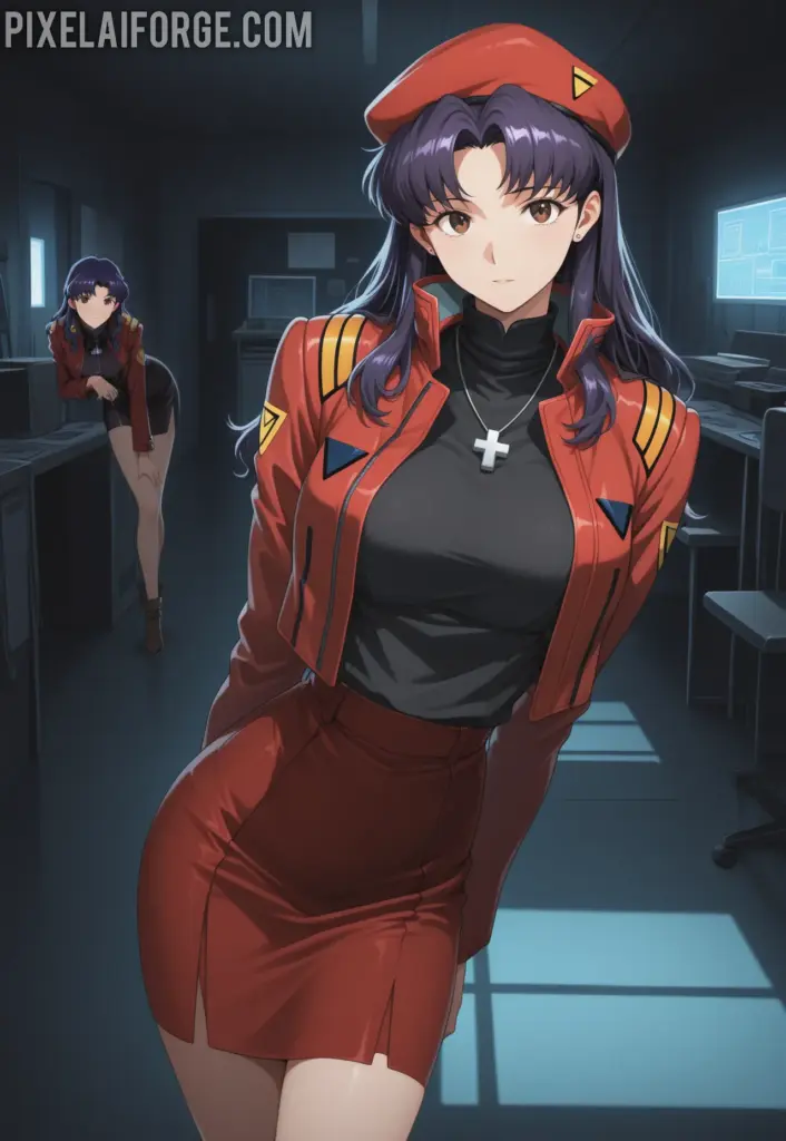 Misato Katsuragi con uniforme y boina roja pose elegante estilo anime
