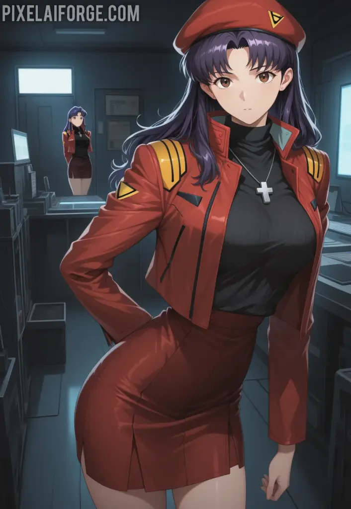 Misato Katsuragi con uniforme y boina roja pose elegante estilo anime