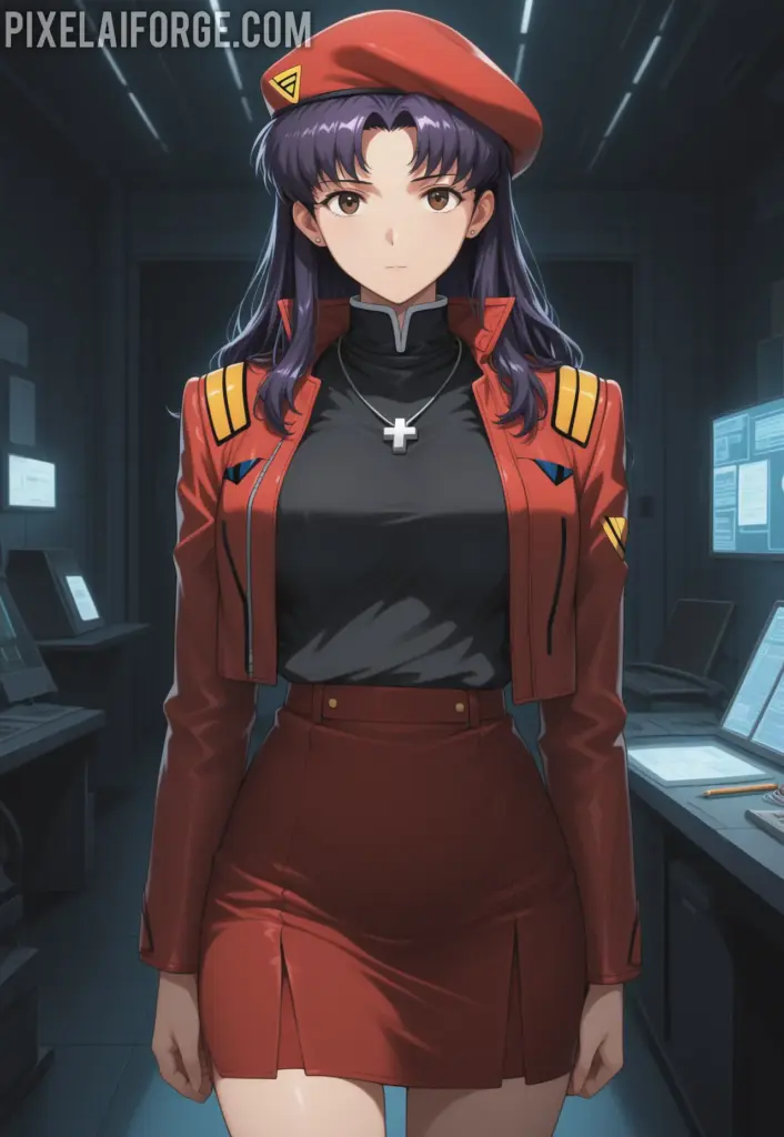 Misato Katsuragi con uniforme y boina roja pose elegante estilo anime