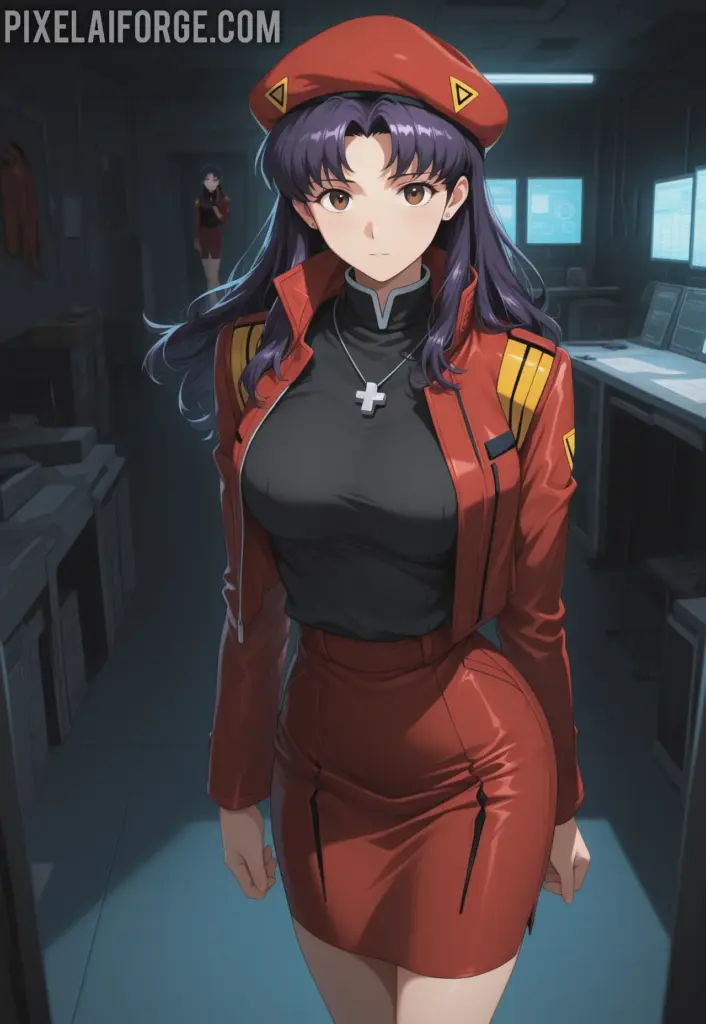 Misato Katsuragi con uniforme y boina roja pose elegante estilo anime