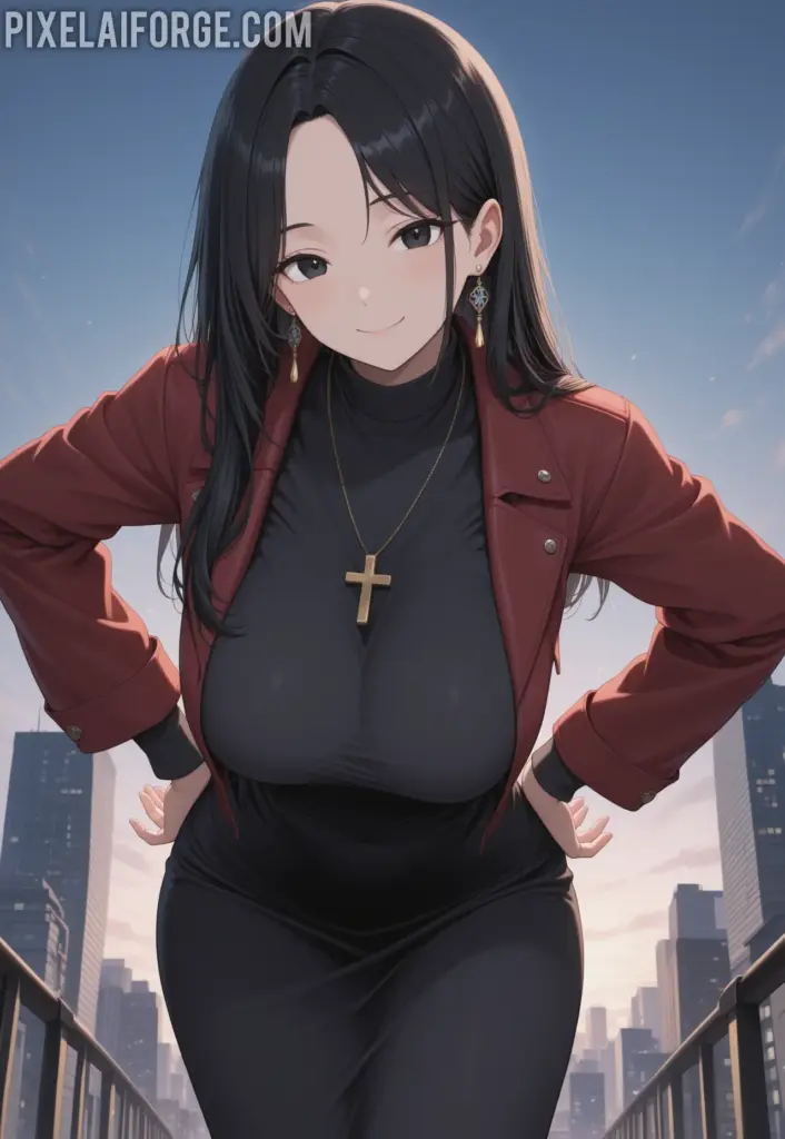 Misato Katsuragi posando elegante en una terrasa en arte digital anime