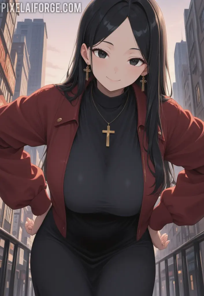 Misato Katsuragi posando elegante en una terrasa en arte digital anime