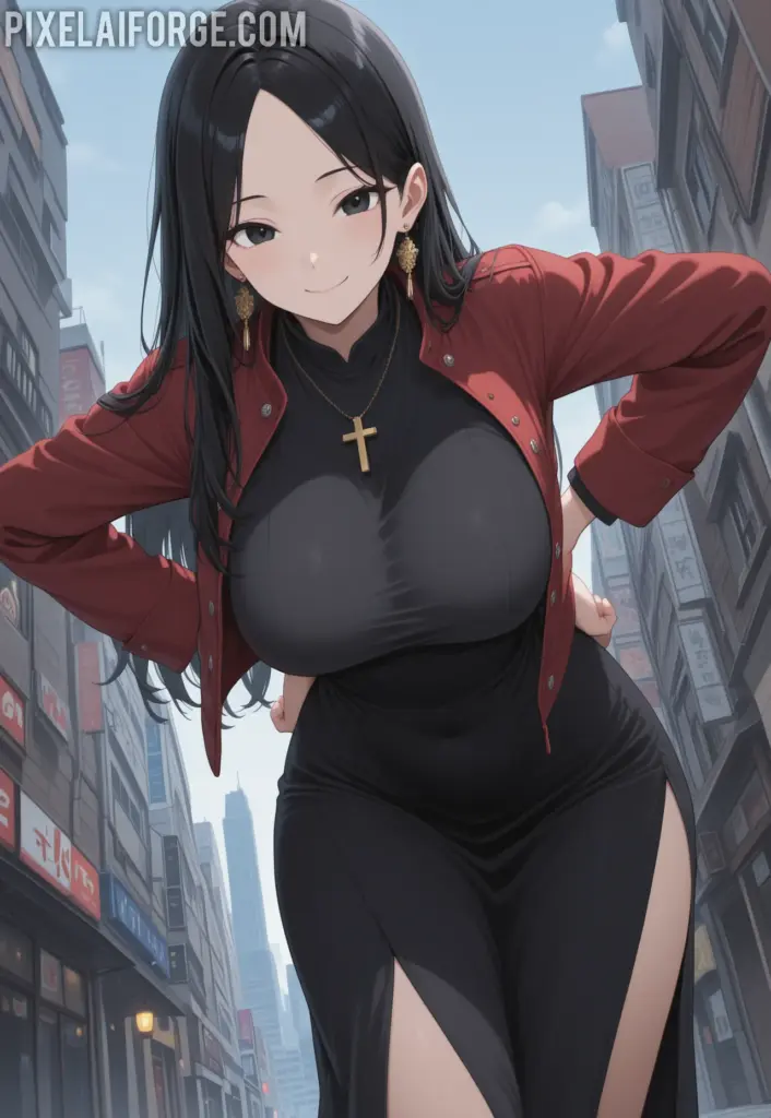 Misato Katsuragi posando elegante en una terrasa en arte digital anime