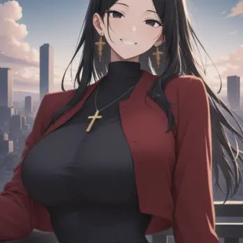 Misato Katsuragi posando en entorno urbano arte digital anime