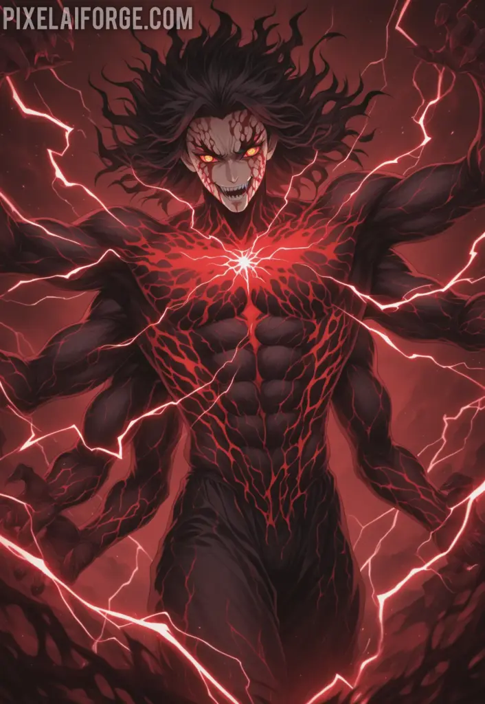 Muzan Kibutsuji in his final monstrous form, multiple arms and eyes glowing, blood mist around him, dramatic lightning effects, villainous anime art style from Demon Slayer