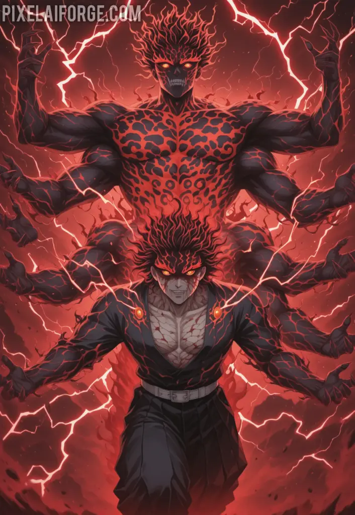Muzan Kibutsuji in his final monstrous form, multiple arms and eyes glowing, blood mist around him, dramatic lightning effects, villainous anime art style from Demon Slayer