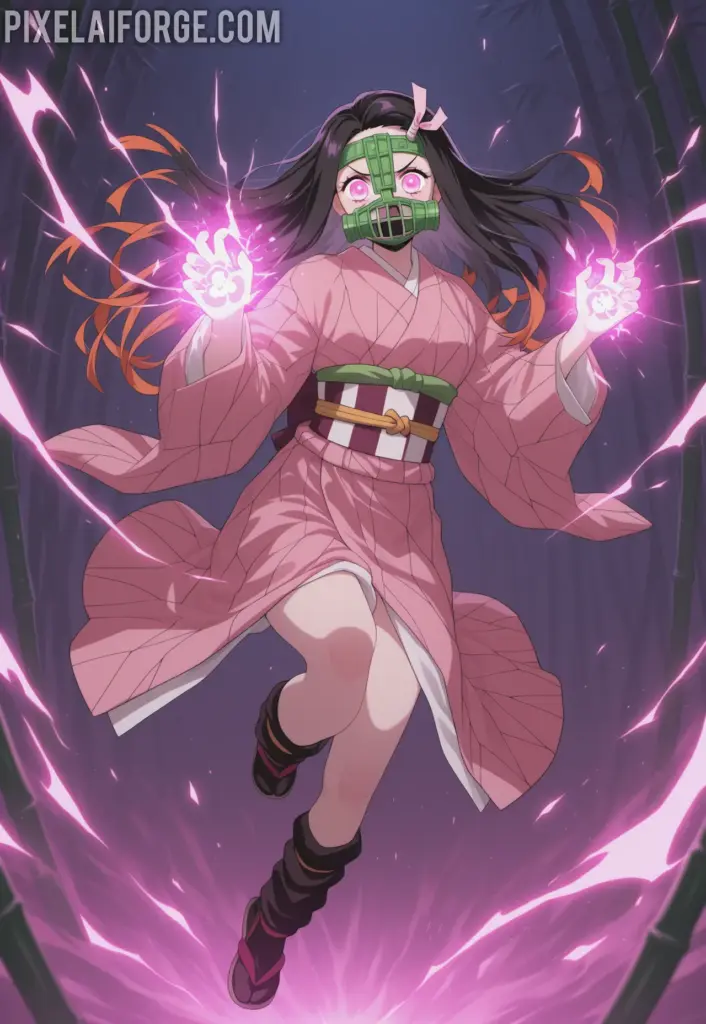 Nezuko Kamado in her battle form, wearing bamboo muzzle, pink kimono glowing with demonic energy, leaping into the air during combat, colorful anime scene from Demon Slayer