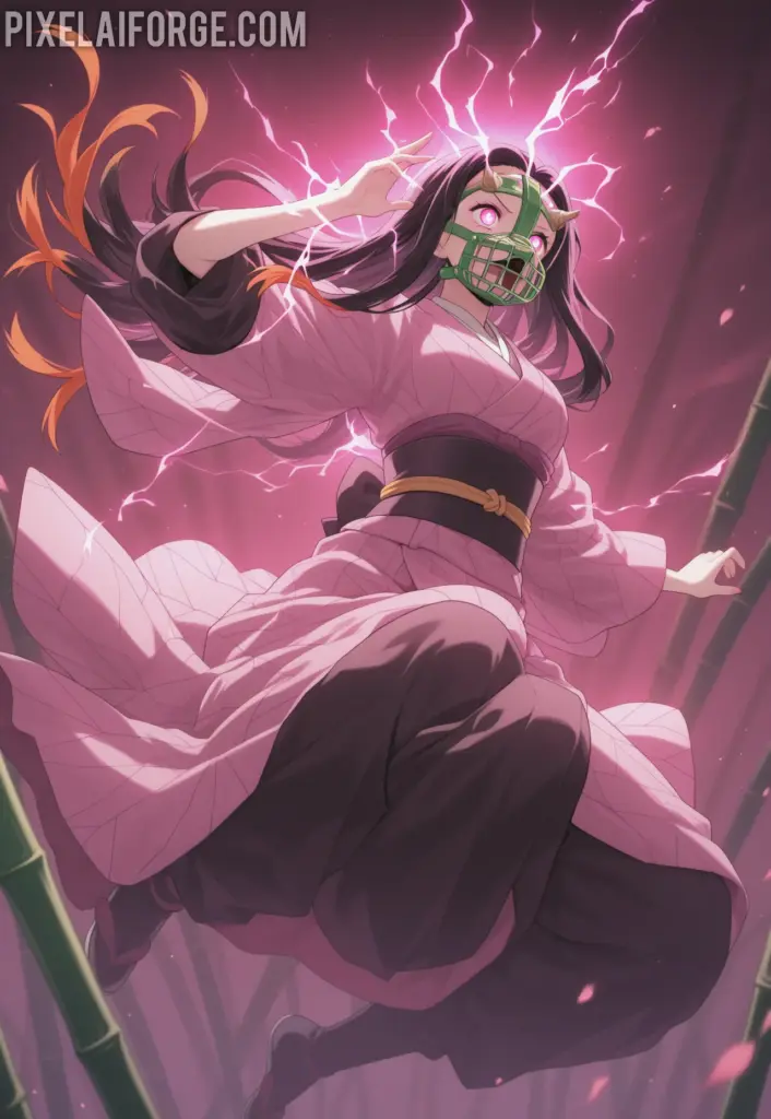 Nezuko Kamado in her battle form, wearing bamboo muzzle, pink kimono glowing with demonic energy, leaping into the air during combat, colorful anime scene from Demon Slayer