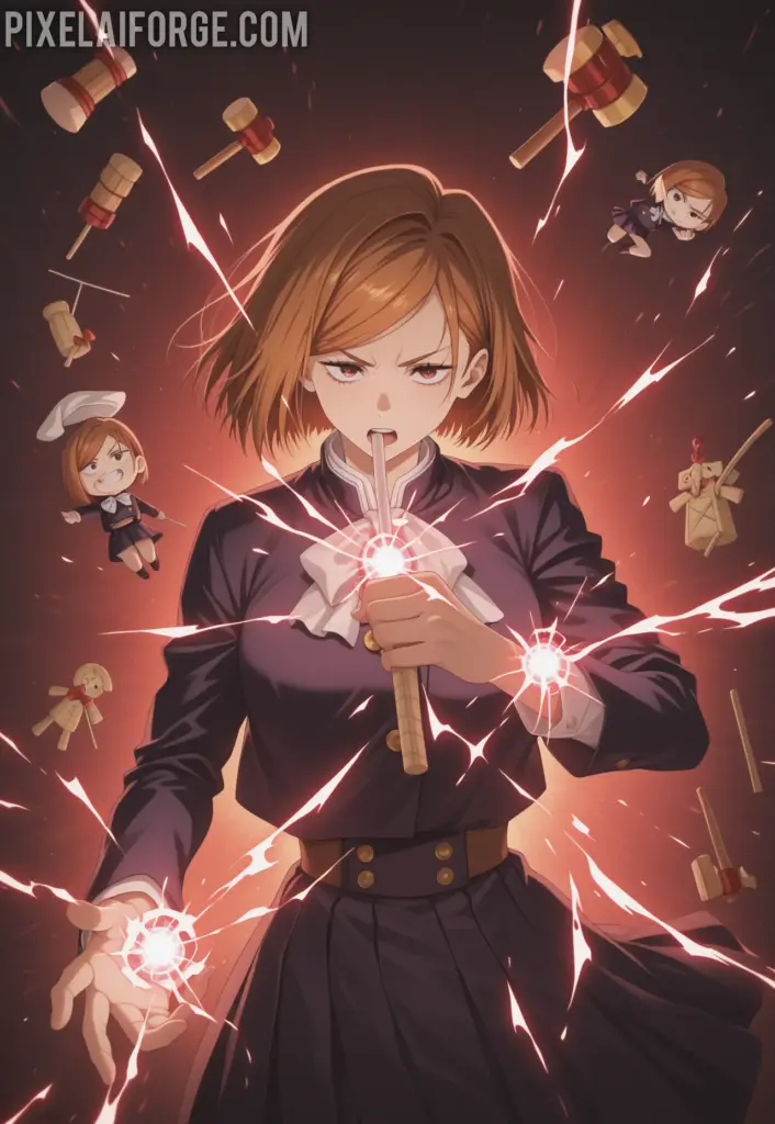 Imagen generada por IA de Nobara Kugisaki en Acción Magia y Determinación en Jujutsu Kaisen