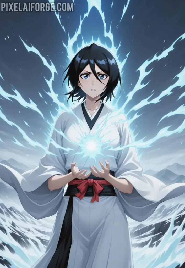 Rukia Kuchikiya using her Shikai in a snowy battlefield, flowing white kimono, blue spiritual energy waves, focused expression, cinematic anime art style from Bleach