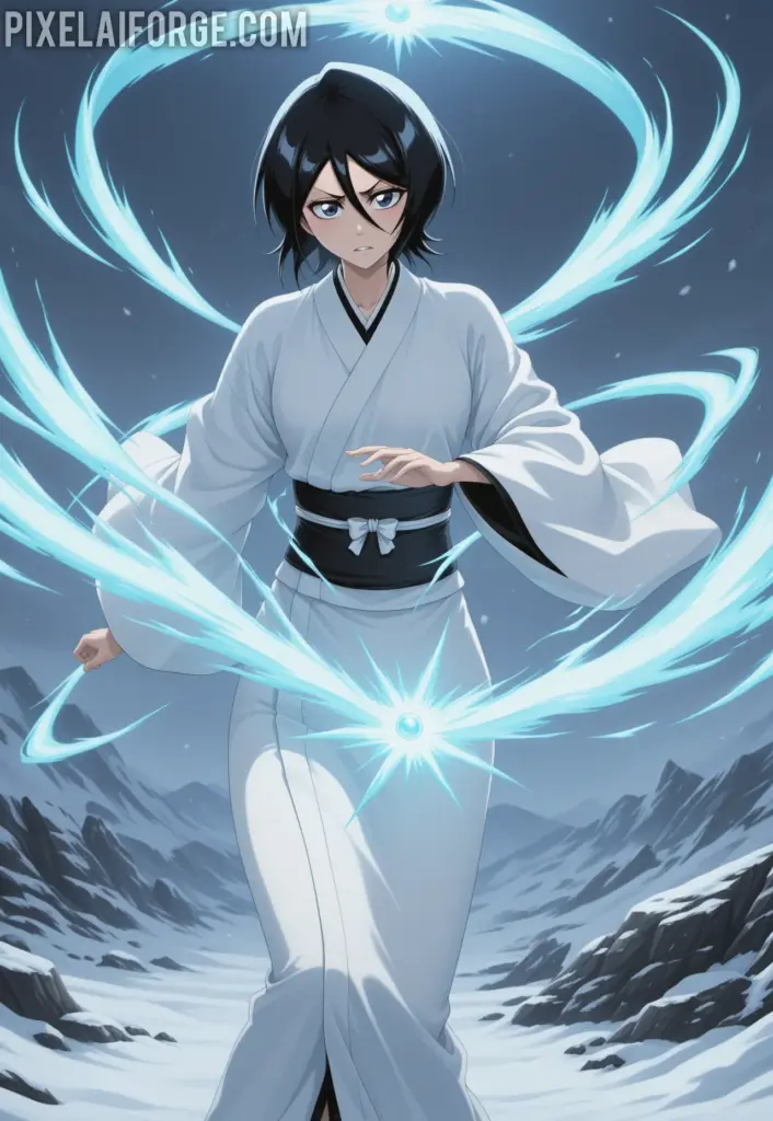 Rukia Kuchikiya using her Shikai in a snowy battlefield, flowing white kimono, blue spiritual energy waves, focused expression, cinematic anime art style from Bleach